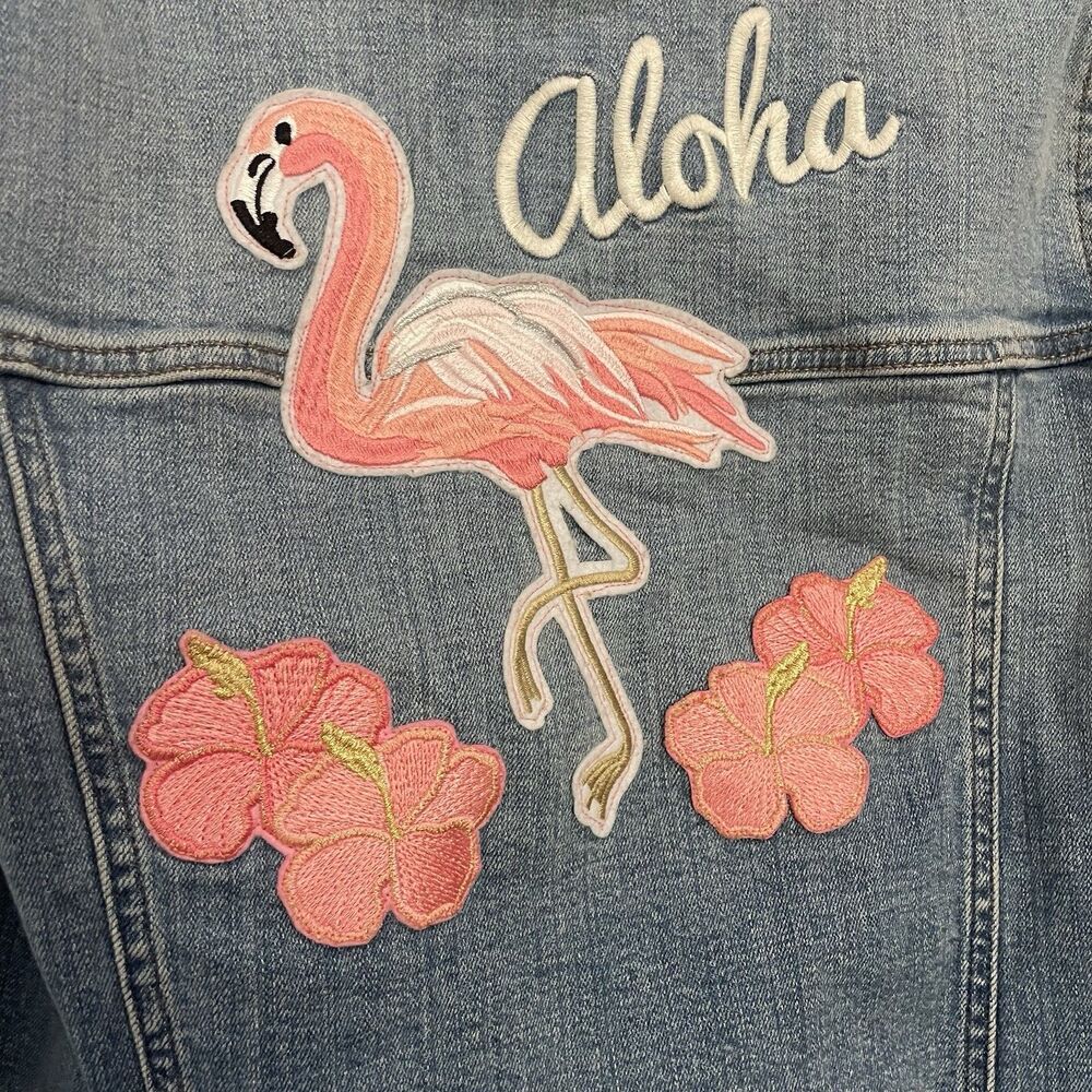 Denim Jean Stretch Jacket Embroidered Flamingo Aloha SZ S/M - Picture 10 of 11